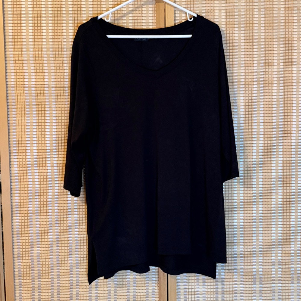 Tahari Black Pima Cotton‎ Modal V-Neck Tunic Top 3/4 Sleeve High Low Hem XL